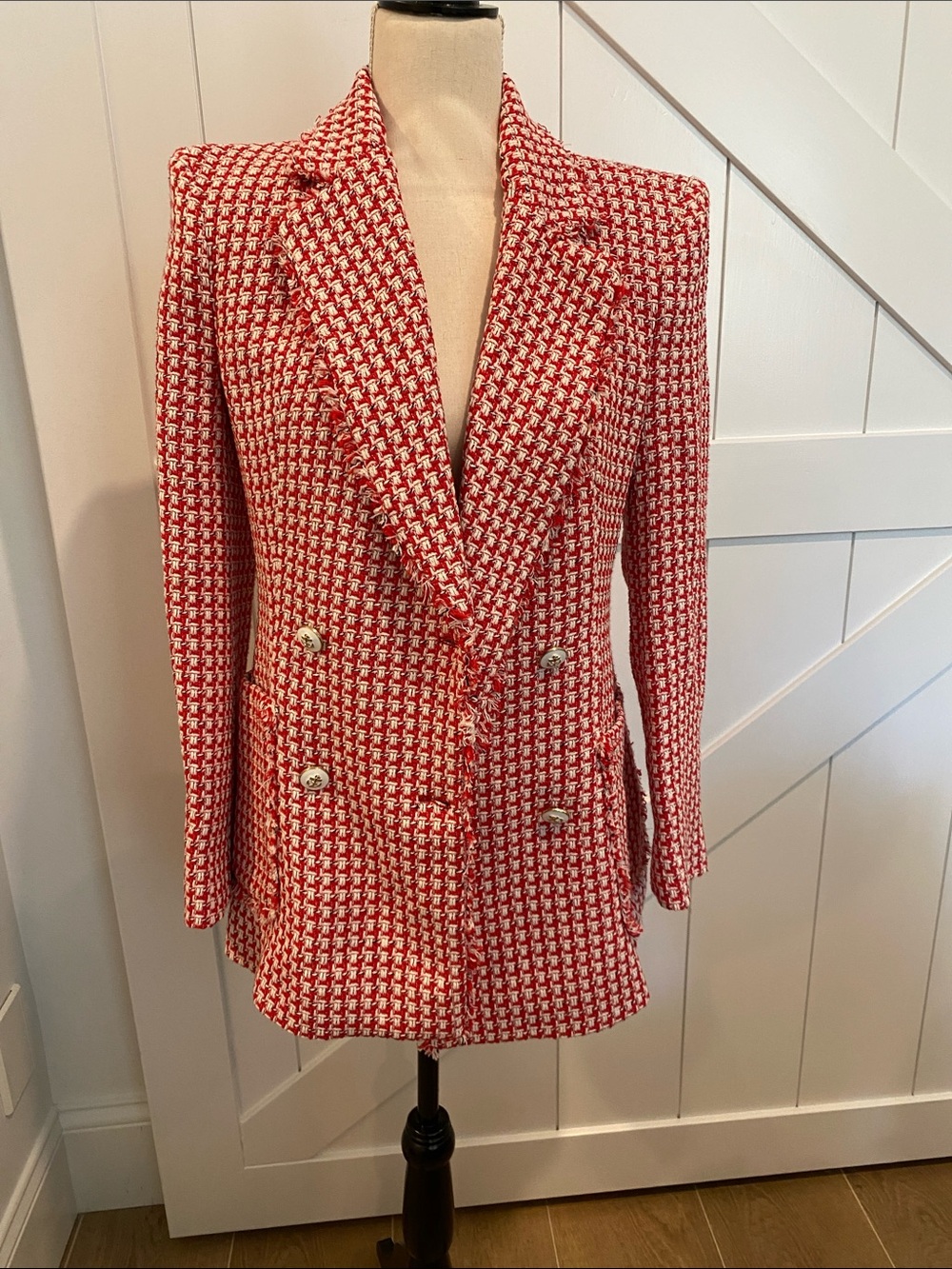Red & White Houndstooth Double-Breasted Blazer